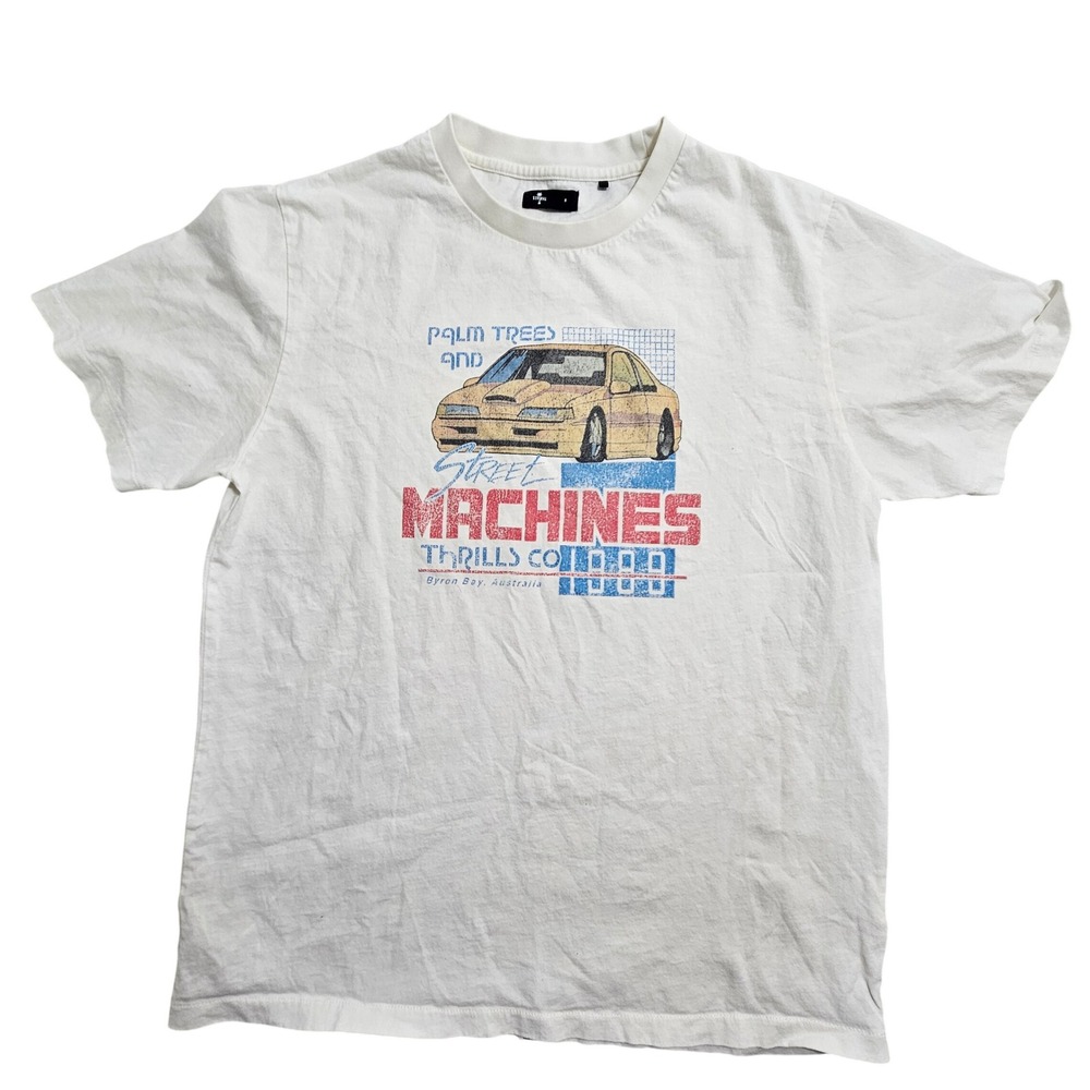 Thrills Co Street Machines Graphic Tee Mens Size 8 White Car Byron Bay 1989
